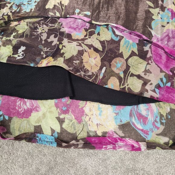 HuaSiJie Women's Blouse Sz L Brown Floral Sheer Lined Cotton Blend Spring Summer - Picture 5 of 9